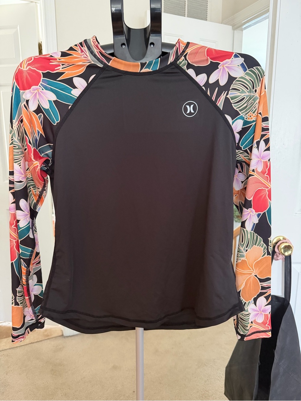 Hurley Black Rash Guard with Tropical Floral Sleeves